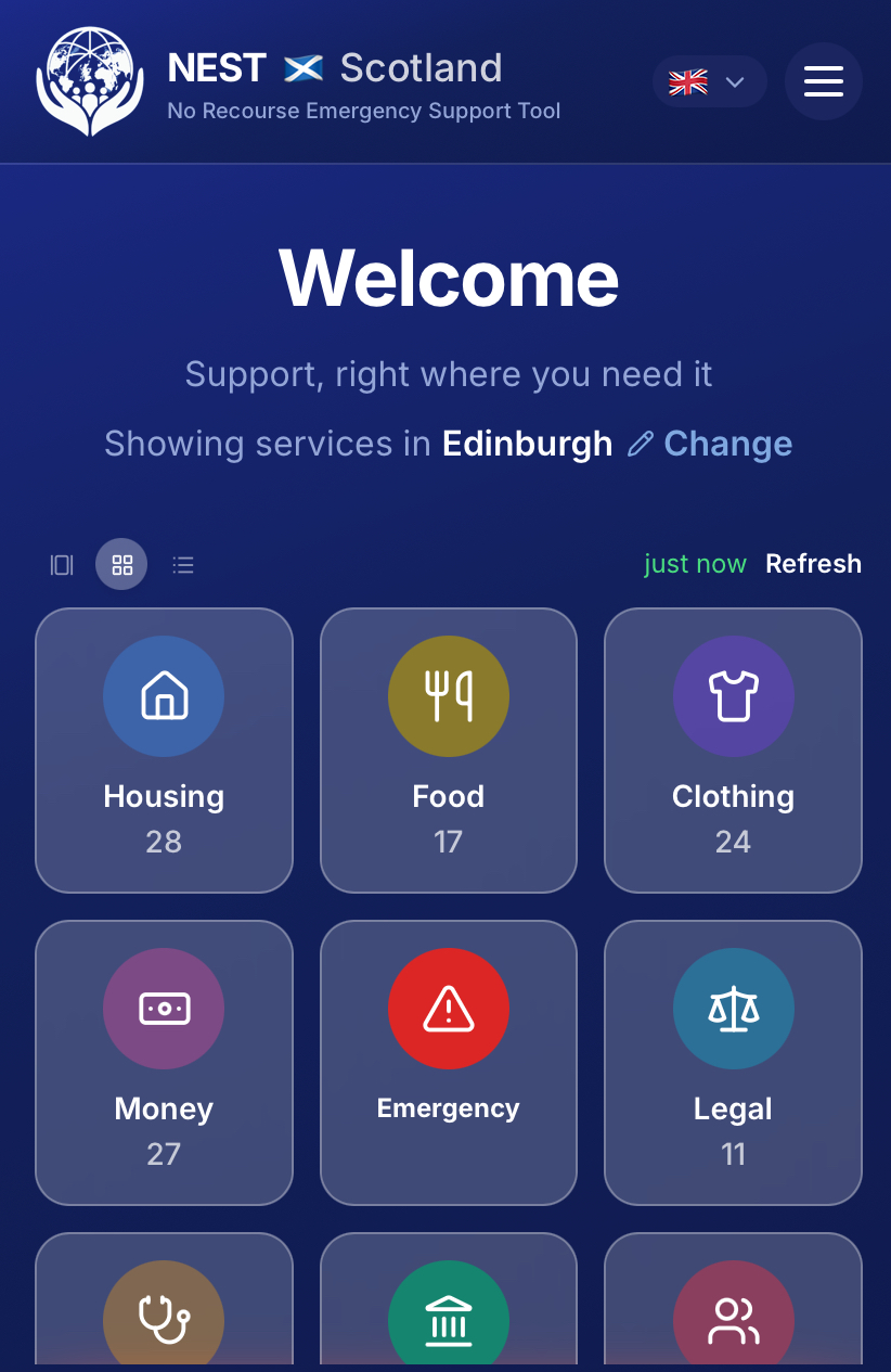 NEST Scotland homepage showing Edinburgh support categories including housing, food, clothing, money, emergency and legal help